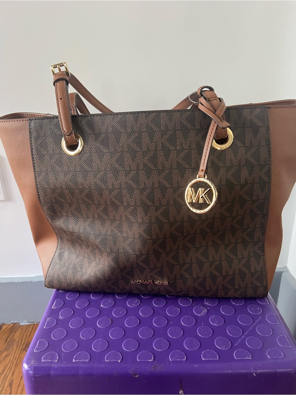 Michael Kors Brown Monogram Tote with Gold MK Charm